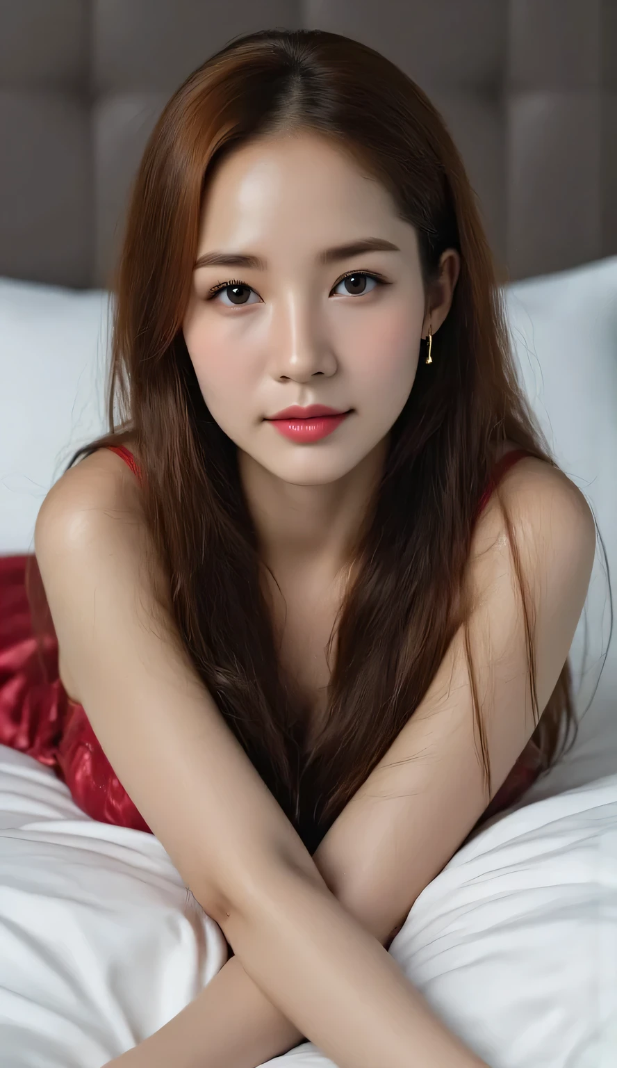 a beautiful woman, on her stomach on the mattress, both arms hold the body, body facing front, using a red satin sleeveless nightgown, payudara besar, visible cleavage, red lips, bentuk tubuh ideal, tubuh basah, pakaian basah