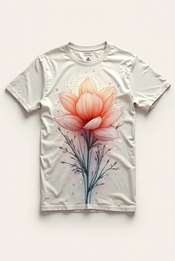 mockup of a loose white T-shirt with 2 3D embossed lotus flower print on the chest on a pastel pink, yellow, and blue watercolor lotus leaf background with broken color streaks. The background is a brown wooden background, deco with a few rice flowers, coffee beans, and a coffee cup.
