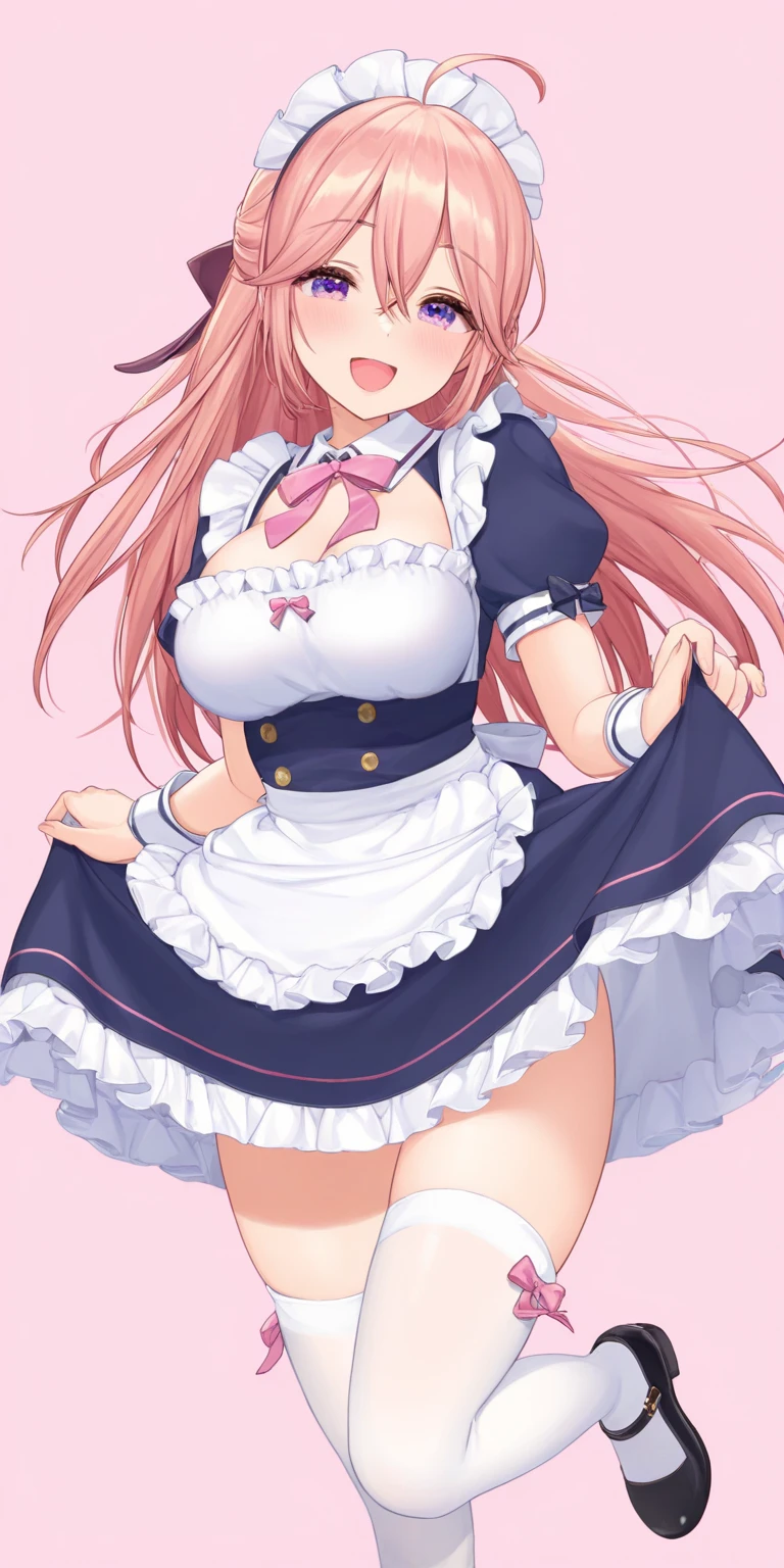 masterpiece,high quality,high highres,1girl,Myoudou_Mei, smile, :D, white gloves,black pantyhose,pink bowtie,micro skirt,elbow gloves,maid headdress,waist apron,puffy sleeves, full body, squatting, black footwear, thighs, thigh strap, high heels, leotard,highleg leotard, kitchen, breasts out, cleavage, NSFW,