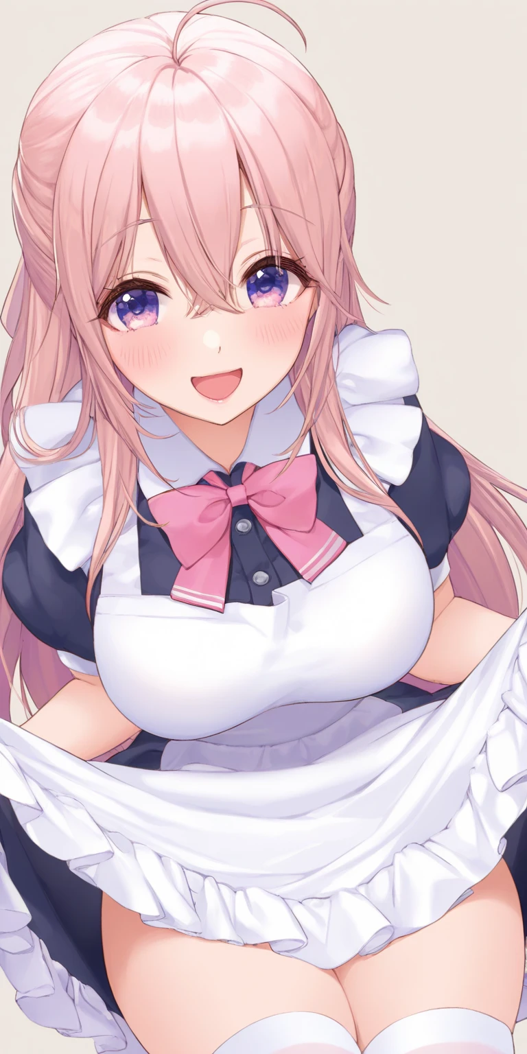 masterpiece, best quality, 1 garl, solo, large breasts, side ponytail, salmon pink hair, light blue eyes, maid, maid headdress, frill apron, in the castle, on bed,(missionary position:1.3), pov hand, 1 boy, penis, (sex:1.3), (lying on the bed:1.2), spread legs, interlocked fingers, (topless:0.7), bare nipples, pussy, pussy juice, saliva trail, trogao, female orgasm, orgasm face, moaning, sweat, breath, steam, (nsfw1.2)
