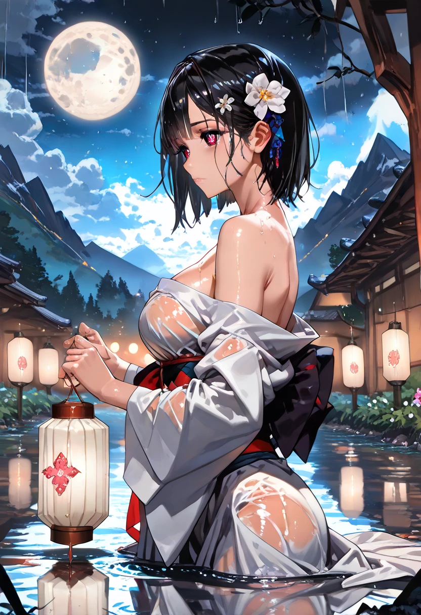 One girl, chest, moon, lanthanum, night, alone, large chest, hair ornaments, Wet, kimono, kimono, water遊び, water, hair flower, flower, Outdoor, null, full moon, rain, Black Hair, Off the shoulder, Mountain, cloud, Holding, sash, Exposing shoulders, paper lanthanum, Are standing, white kimono, night null, Side bust, heart, Wet clothes, bangs, wood, From the side, reflection, short hair, cloudy null, Wet hair (((masterpiece),(Highly detailed CG Unity 8k wallpaper),highest quality,,alone,One girl,Cinema Lighting,Detailed Background,Beautiful fine details,Bright Eyes, (Very delicate and beautiful),(Beautifully detailed eye depiction)， Super detailed,masterpiece,))