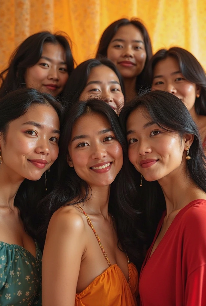 Five very beautiful Indonesian women Age around 40 years, Long hair, nice body, wearing modern casual clothes, take a photo together in a very intimate setting against a hyper realistic, cinematic high resolution wall.