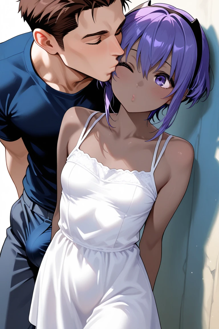 NSFW,masterpiece,Highest quality,High resolution,Very detailed,white\(no game No life\),Small breasts,ponytail,Bandeau Bikini Top,Tie side bikini bottom,Pool at night,Beach parasol,Embarrassed,blush,Sexy pose,Nampa,(male),A man puts his hands on her hips and hugs her from the side