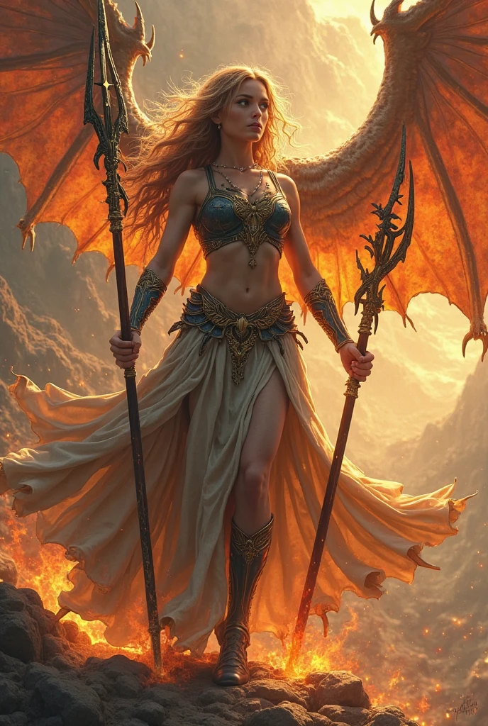 tmasterpiece，Super-High Resolution，A beautiful angel with flying eagle wings stands on a mountain rock and slashes at a bat demon with a sword，Angels are blazing with fire and fighting demons，The sky in the background is lit and flaming，Half cloudy, half sunny，There were a few lightning bolts in the gloom，The angel shines with light，Ugly bat devil，