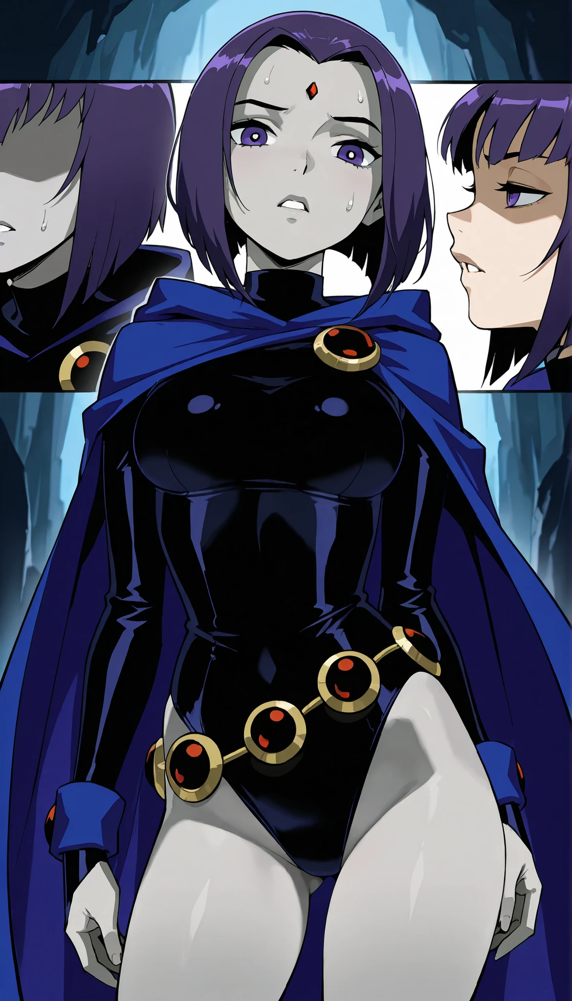 {masterpiece,best quality } { }
BREAK
{ DC_Artstyle_LoRA : T.E.E.N_T.I.T.A.N.S_artstyle_Lora : western_artstyle_LoRA : NSFW , }
BREAK
{ 1girl , 1girl, Raven, purple hair, purple eyes, grey skin, forehead jewel, short hair
black leotard, long sleeves, , blue cape}{ , fit body : medium breast : }{ standing, }{ {close-up of face, head thrown back, blank lifeless eyes, parted lips, flushed face, trance expression, subtle sweat, supernatural control, neck fully exposed, soft lighting on face, detailed skin texture, emotional intensity}
}
}
{ : }
BREAK
{ Cave : nighttime : horror vibe}
BREAK