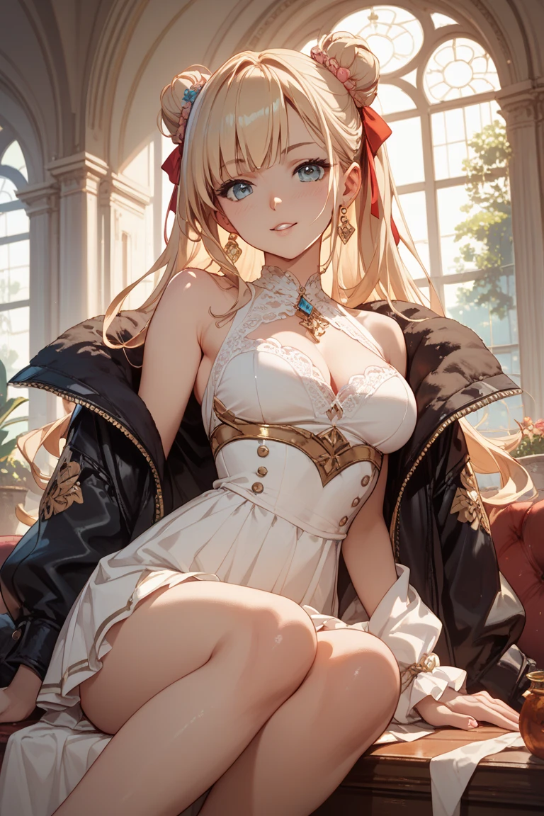 1 girl, solo, masterpiece, Autumn falls background, garden, light dress, offshoulder, bra, lingerie,black eyes, blonde haired, open hairstyle,fancy round earings, off red lips,dark pink sandels, skin colour stockings