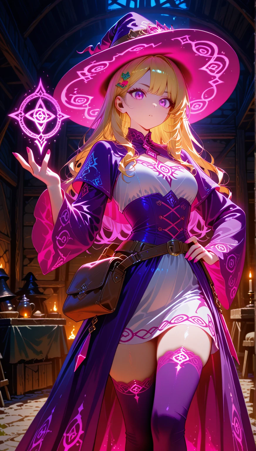 best quality, (masterpiece:1.3), absurdres, highres,16k, ultra high res, official art, illustration,extremely detailed, 1girl, solo, full body, 20yo,
delicate lines tailed face, (long hair1.2), (straight hair1.8), (beautiful (coral pink) hair:1.2), (shiny hair:1.2), (beautiful (gold) eyes:1.2), (shiny eyes:1.2), (small breasts), (gleaming skin:1.4),
(cowboy shot:1.5),
standing, laugh with open mouth,
((witch robe (closed front):1.2), (witch hat:1.2), (witch staff:1.2), (fantasy)), (magical theme:1.5), (floral magic:1.5), (magic circle:1.5)