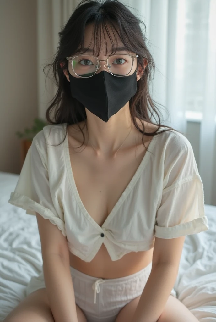 (Realistic、Like a photograph、Live Action、8K, Realistic, RAW Photos, Best image quality: 1.4), Single-lens reflex camera、RAW Photos, Highest quality, Realistic, Very detailedな CG Unity 8K 壁紙, Written boundary depth, Cinematic Light, Lens flare, Ray Tracing, Realistic background、(tight turtleneck long sleeve knit:1.4、Skinny jeans:1.1、Accentuate your breasts:1.37、Big Breasts、Big Breasts、(Wearing a black mask:1.3)、(Wear glasses:1.4))、((ultra high density skin))、 1 female,Cute Japanese Woman、Japanese office lady at work、((whole body:1.5),View the computer:1.1、short hair:1.2、tie your hair with a hair clip、I like that style、stylish、Very detailed、Pay attention to the details、Perfect outfit、(Dark Skin)、Beautiful feet:1.1,Are standing、View from the front