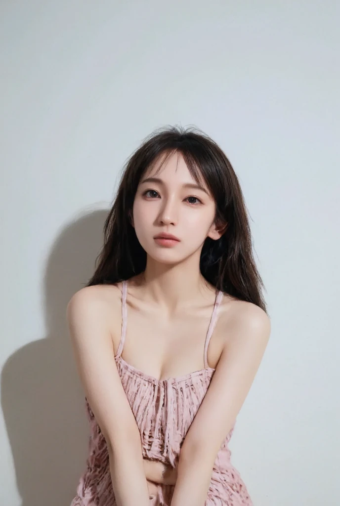 A Japanese lady, skinny figure, small breasts, extremely thin waist, beautiful face, beautiful eyes, natural make up, black long hair, wearing a tight grey dress, looking back for a viewer, 1girl in, solo, detailed face and eyes, detailed fingers and arms. Full body photo. Realistic, Photorealistic.