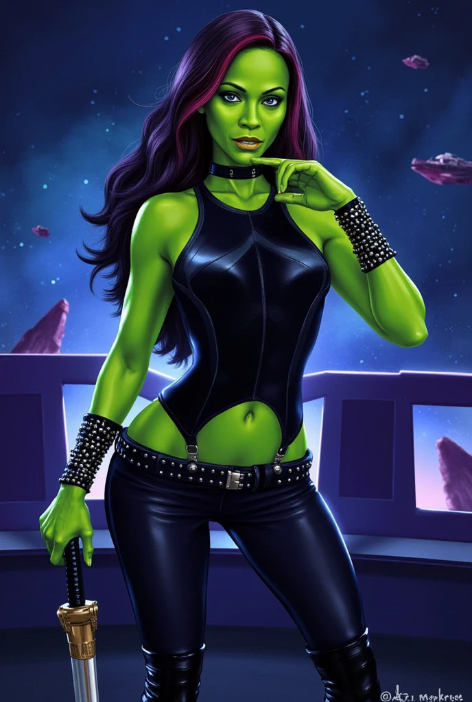 (((COMIC STYLE, CARTOON ART))). ((1 girl)), lonly, solo, ((A comic-style image)) of Gamora, with her as the central figure. She is standing, with her hands holding a sword. She wears a black and purple costume, ((pink anda purple hair)). She has long, straight black hair, (((Hot body, sexy, sensual, camel toes))), ((green skin)) eyes and red lips. She is surrounded by an alien planet, with mountains, rivers and vegetation. She has a determined and confident expression, as if she is ready to fight evil.