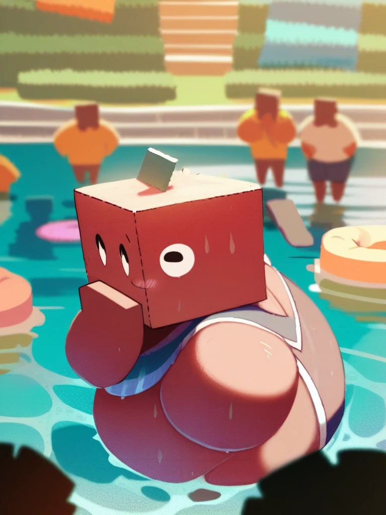 Roblox Noob, chubby , Swimsuit , with a big belly to reveal clothes, cute, Swim in the water park, There are many people, side view, awkward, face red