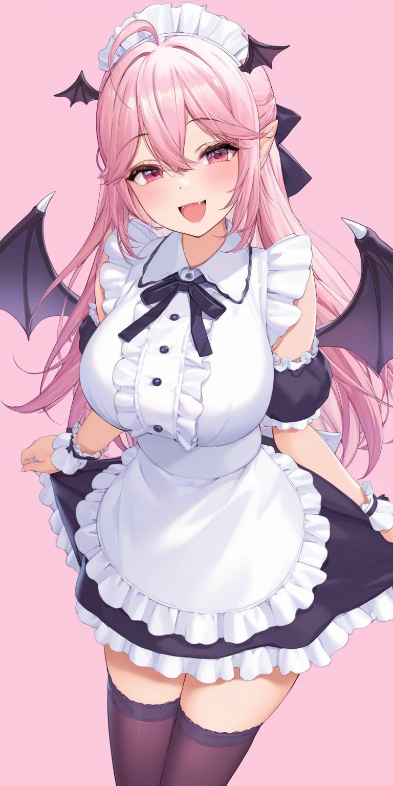 10th Generation,A beautiful woman,Beautiful breasts,Moe,Succubus,bat wings on the back,,Goat horns on the sides of the head,Pink front tie bikini top,Ruffled apron dress,Headdress,Maid,Black knee socks