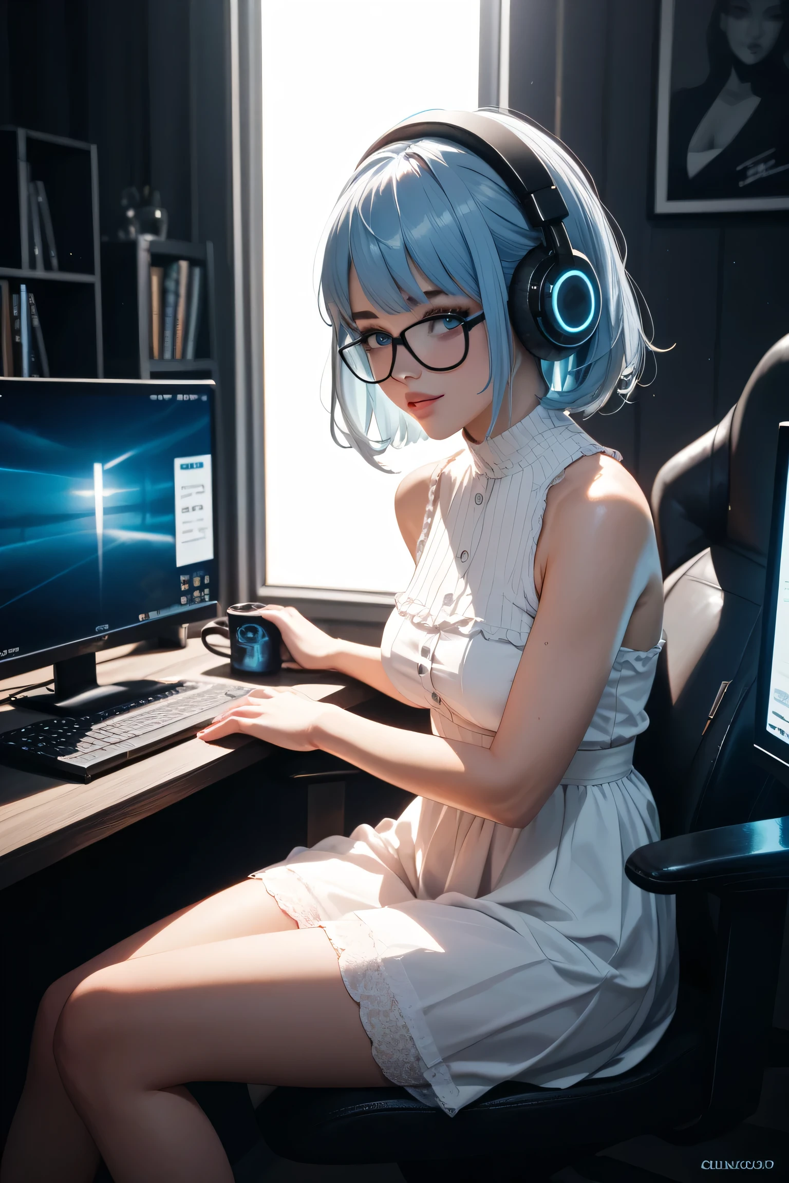 ((Masterpiece)), ((highest resolution)), a beautiful 25 year old gamer girl (Julia Burch:Alyssa Sutherland:0.5), (((skin texture))), ((natural skin)), (blue hair), (pale skin), curvy body, (high detail low cut white tank top (cartoon image on shirt)), (tiny colorful shorts), looking at the camera, sitting at computer desk, gaming, headset, widescreen, rgb lighting, photorealistic, rimlighting, professional photography, by Arny Freytag