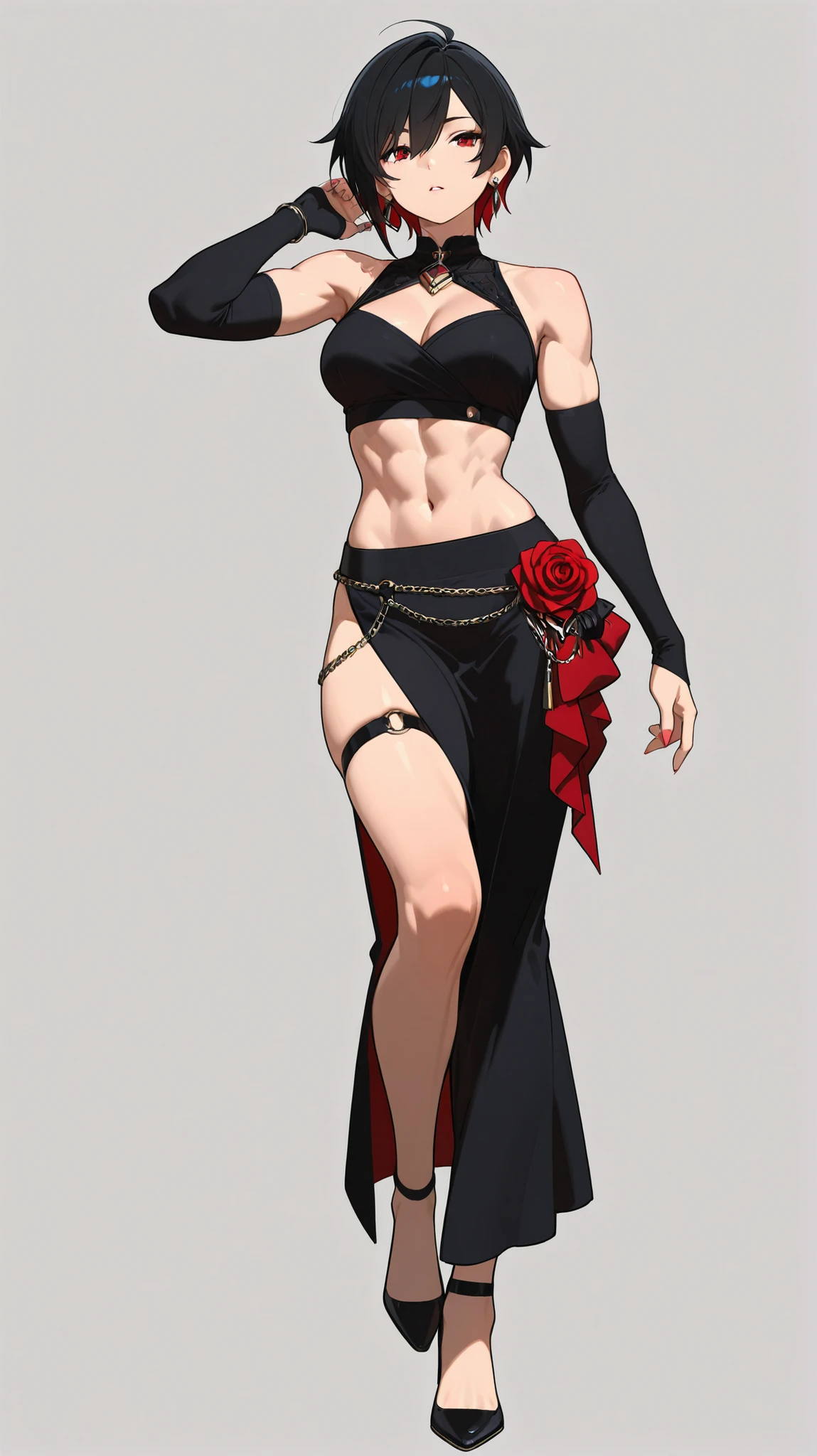 1sologirl, full body standing looking to the camera, grey skin, drow, elf, 1girl, mature, golden eyes, white hair, black bikini, abs, big knockers, tatter rags, chain collar, stomach tattoo (red tattoo) big breast