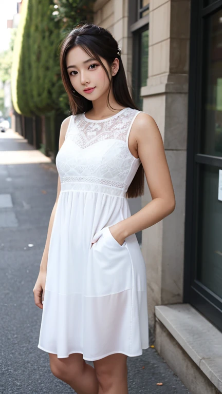 (Best quality, 8K, masterpiece:1.3)) , (one person: 1.4), 1girl, a Korean woman, a goddess, 25 years old, portrait photography, high contrast, God perspective, aperture F1.2, focal length 24mm, ( Full body: 1.2), smile, pose for photos, fine lace, slip dress, simple cut dress, brand dress, simple cut, long black hair, hair tied up, super detailed skin details, detailed fabric texture
