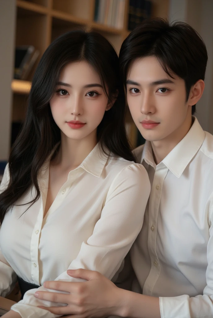 Modern. Casual wear. Elegant couple, masculie man and beautiful girl. Dark hair color. Very deatiled face. pretty eyes (perfect eyes). 8K resolution. Masterpiece. Romantic, love, glowing light. Look at the viewer. Petals. Pastel color.