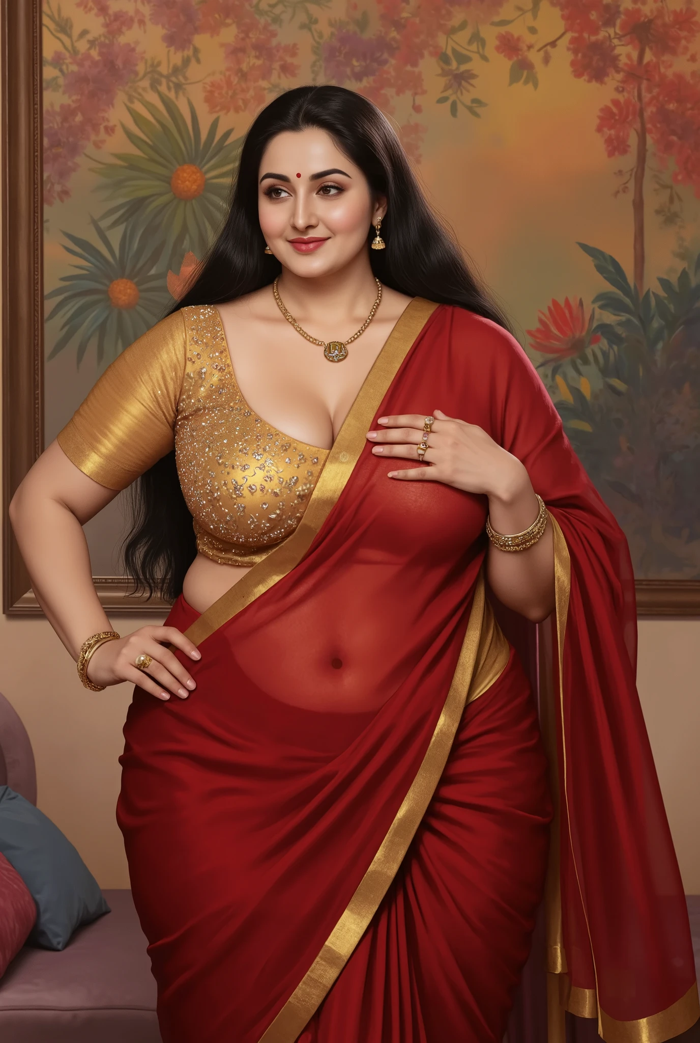(Centered composition, cinematic lighting, detailed background) — A high-resolution, ultra-detailed painting in the style of renowned Indian artist Manimala, very voluptuous mature Indian desi aunty, fatty desi Indian aunty, soft fat belly, mature woman face, charm of middle aged woman, dusky skin, seductive expression, a glamorous Indian woman in her early 40s, with long, voluminous jet-black hair parted at the center and softly curled at the ends. She has flawless skin with glowing makeup: bold eyebrows, dark eyeliner, long lashes, peachy-nude lipstick, and a small white bindi and nose stud. She's smiling slightly and looking sideways with a flirty expression. She wears a deep red chiffon saree with a shimmering gold border, paired with a heavily sequined gold blouse with short sleeves and a plunging neckline. She's accessorized with a delicate gold necklace with a round pendant, gemstone rings, a bracelet, and pearl stud earrings. A visible tattoo with floral and symbol design is on her wrist. The background is softly blurred with warm colors and floral decor. The lighting is soft and warm, creating a glamorous and vibrant vibe, photorealistic textures, cinematic lighting, elegant composition, sensual atmosphere, cinematic soft lighting, centered composition, ultra-detailed, photorealistic, richly textured, 8K, oil painting style, soft volumetric lighting, erotic, seductive, goddess-like, highly detailed background, mature erotic beauty