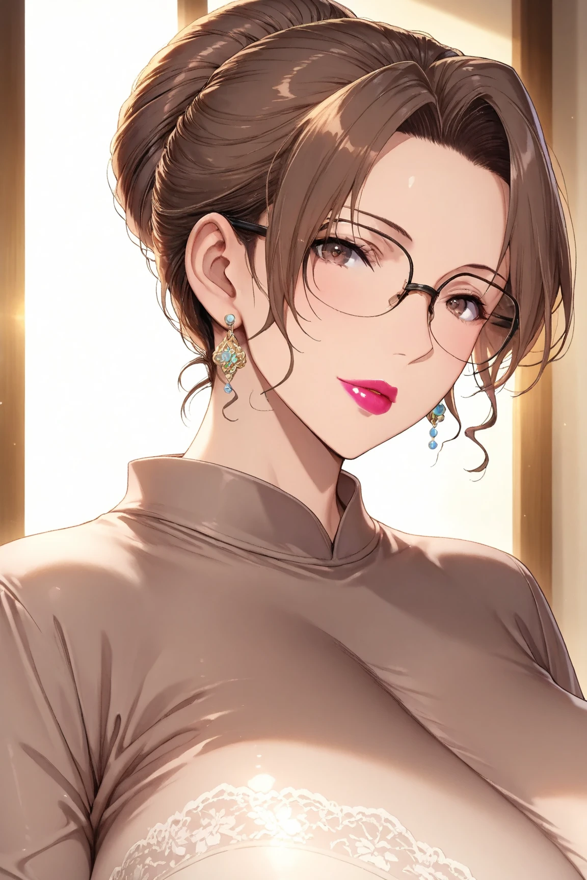 Hot sexy beautiful cute milf  ,white shirt,black pencil skirt, silver chandelier earrings,big breasts,  lipstick,makeup, black,two falling hair strands,blush,short hair , glasses , biting lips 