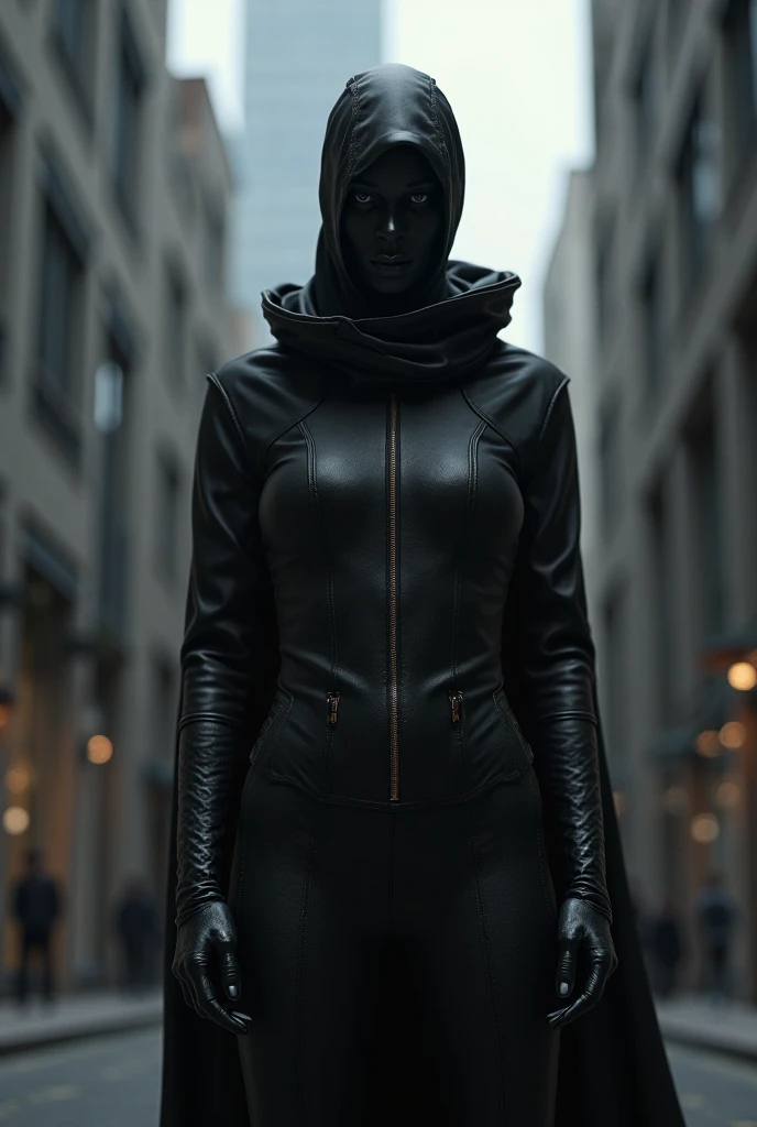 a full body realistic photo of a woman gost wearing a latex hooded vest, highres, <lora:matrixCommandLineStyle:1>