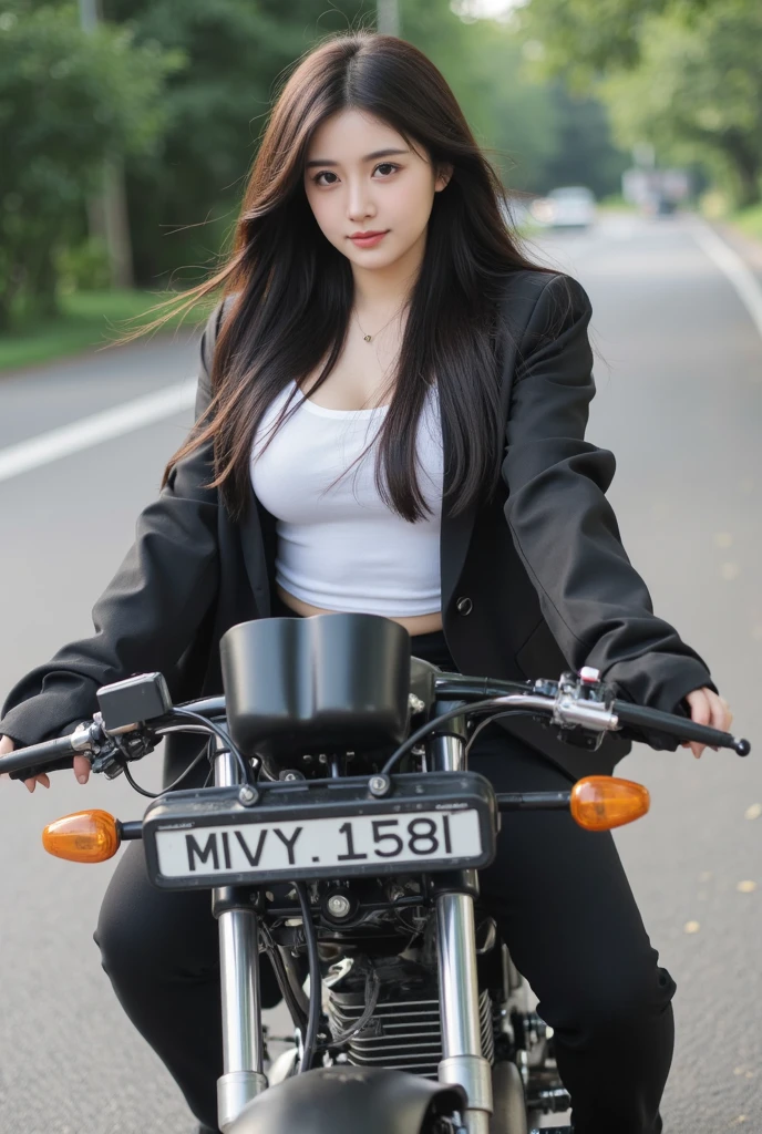 (top quality, high resolution, masterpiece: 1.3), outdoors, 1 person: 2.0, Japan schoolgirl, straddling a motorcycle, back figure, sticking out buttocks, tall and cute woman, slender waist, dark brown hair, chest, wearing pendant, white button-up shirt, belt, black skirt, (modern architecture on background), Exquisitely rendered details on face and skin texture, detailed eyes, double eyelids, slender thighs, plateau