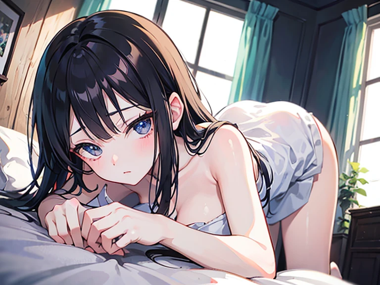 (absurderes、Absolute resolution、incredibly absurdness、hight resolution、ultra-detailliert:1.0、Official art)、master piece, Sharp Focus ,Delicate Beautiful Hair and Eyes and Face, Lifelike, Hyper-detailing, a matural female, Dynamic Hair, slender,pale skin, Wearing a white collard shirt, ((Wearing white panties)), natural(Colossal tits:1.2), exposed breast,Side,((The areol)),(teats), Beautiful cute woman,(((cum on the body))),((Bukkake)),(Delicate jet-black hair),(length hair),Delicate dark blue eyes, , , embarassed expression,(Lying face down on the bed), Lying face down, (Hug a pillow),((profile)), Buttocks,,buttock,Angle from diagonally behind,Buttocks seen from behind