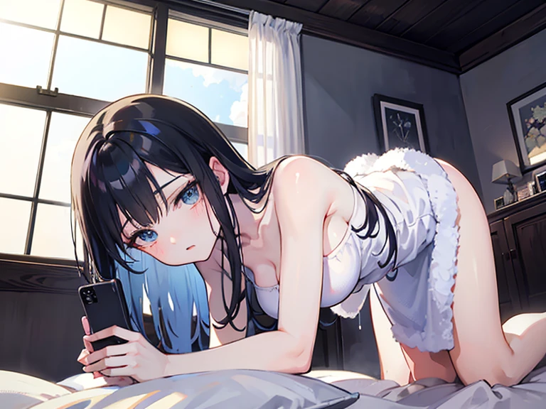An illustration that evokes a romantic and private space,Dim lighting,Calm toned colors,Creates a mature and elegant atmosphere,Dim lightingの部屋,Bedroom illustration,there is a woman sitting on a bed with a cell phone, artwork in the style of Guweiz, seductive アニメ girl, smooth アニメ cg art, アニメ. soft lighting,  in dress, Guweiz on pixiv artstation, Guweiz on artstation pixiv, Guweiz, アニメ art wallpaper 8 k, digital art on pixiv