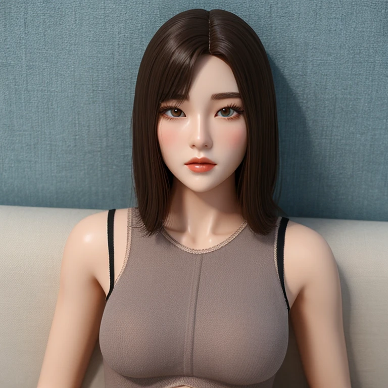 Super hot Japanese mature love doll wife sitting on the sofa、Completely naked、short hair、Backlight、natural light only