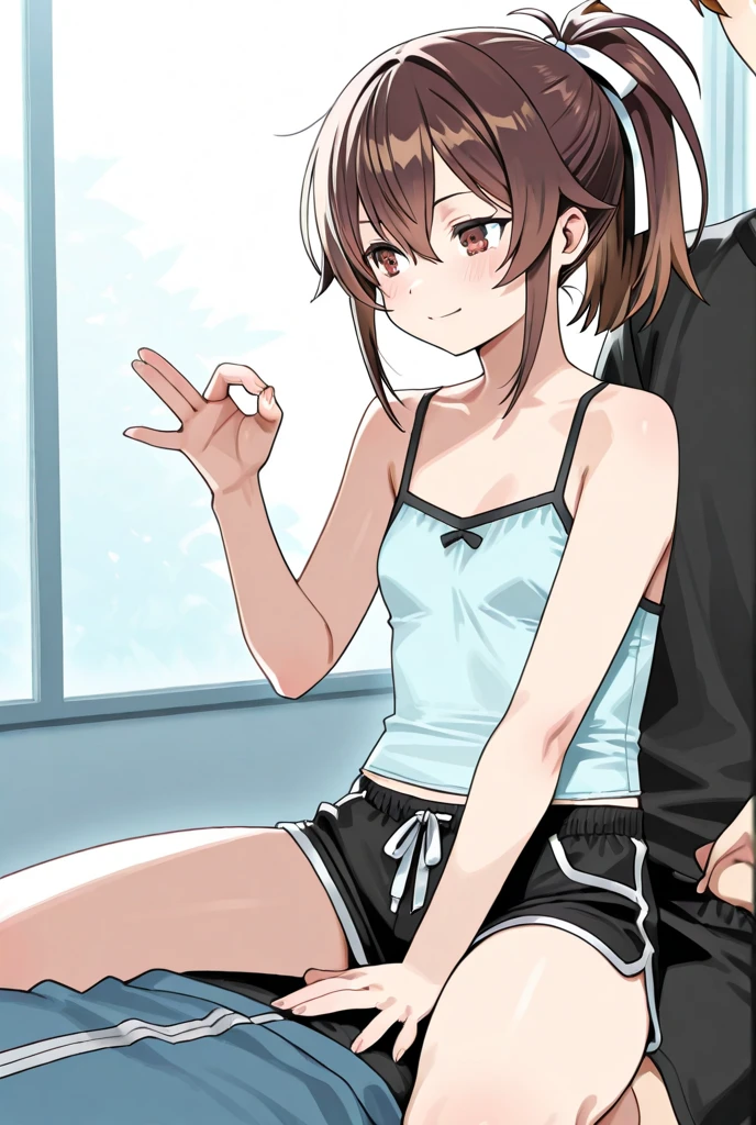 NSFW,Might be, shirt, Bike Shorts, bandana, 赤のshirt, hair band, Medium Hair, gloves, 弓のhair band, No sleeve, 赤いbandana,Embarrassed,blush,In heat,A wistful look,I feel pleasure,(Perfect hands),(Perfect Anatomy),(masterpiece),(highest quality)