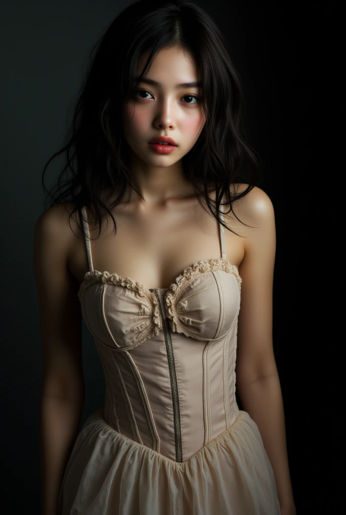 Natural light, masterpiece, Very detailedな,Absurd,Highest quality,Very detailed,Detailed face,Particles of light, Lighting, (Very detailed:1.2),(Detailed face:1.2), (Gradation), software, colorful,(Big eyes:1.2),Underground Prison,Lace bra with ribbon,,(((slim, Tight waist, Thin thighs,Thin arms,Very small breasts))),((Exquisite details of tight panties)),((Leaning forward,Buttocks seen from below)),European laces,Full Body Shot、Gray background、