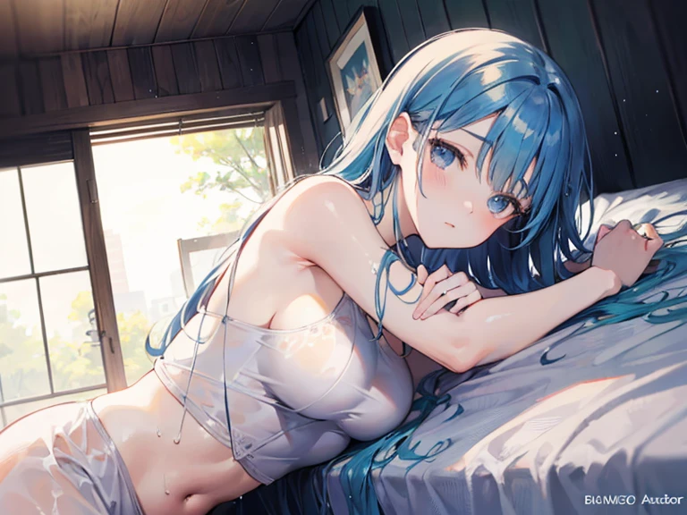 (masterpiece, best quality)a girl,Slobber,Water all over the body,The crotch is very wet,((Spread your legs completely)))(Raise your legs high),blush,((Completely pure white bikini)),Sweated a lot,Bikini half-covered,small breasts,Lying on a pure white bed,detail,(Completely soaked,completely wet),Awkward,surprise,Extreme shyness,doubt