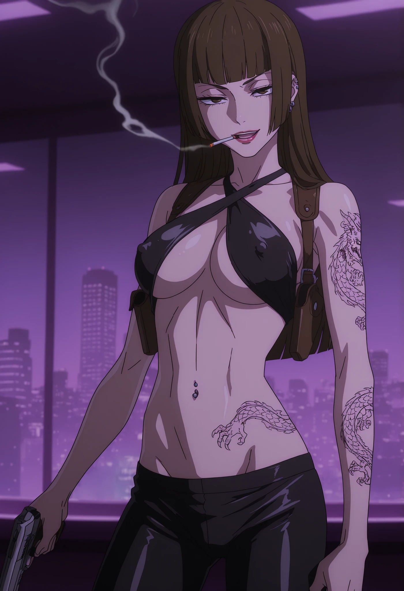 1girl, solo,, hasaba mimiko, long hiar, brown hair, hime cut, blunt bangs, brown eyes,, ear piercing, long hair, blush, lipstick,Hot girl, baddie, smoking, sensual, attractive ,pull_down leggings,(show off panties,:1.2, no panties),seductive smile,, BREAK, 1girl, , , , (fit body:1.1),(abs:0.8), BREAK, dragon print black leggings, covered ,, shoulder holster,,open mouth, top, underboob,,, dragon print jacket, criss-cross halter ,bar background, inside bar,indoors, cityscape, casino, nightclub, city lights,, () ,, navel piercing , holding pistol,medium large ,looking at viewer , dragon tattoo on waist, narrowed eyes, tattoo on waist, anipai_style , anime screencap , anime coloring, v-shape eyebrows,