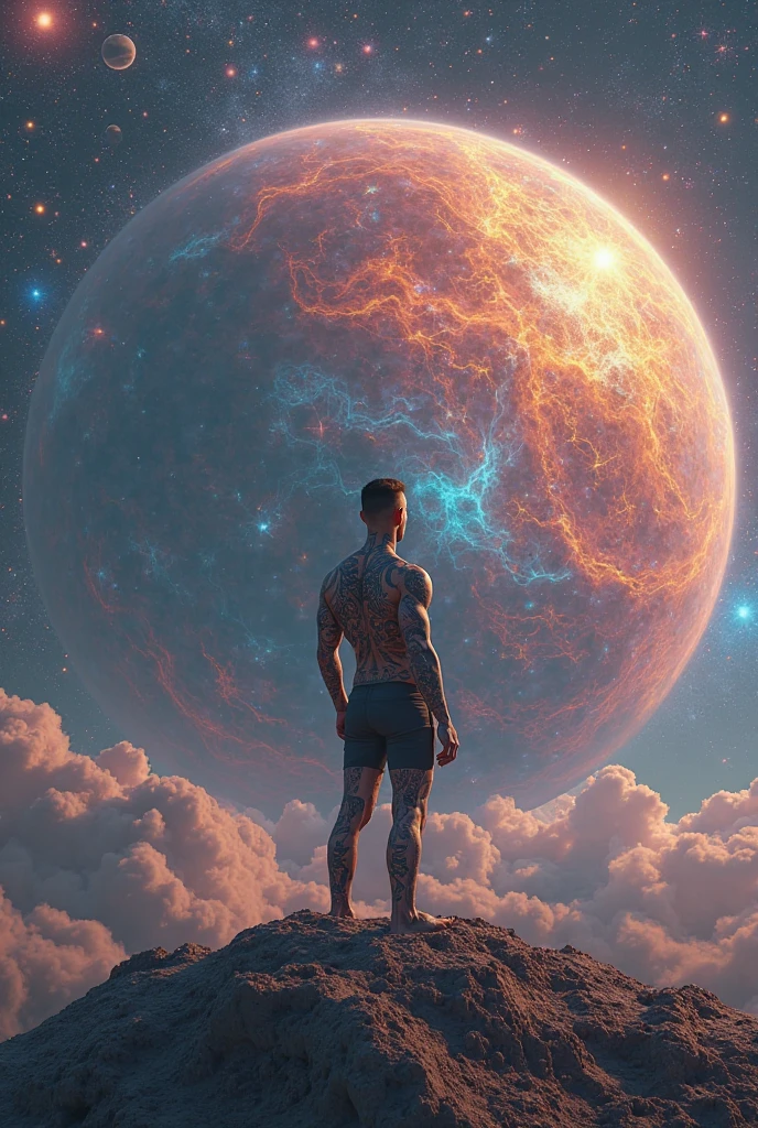 God, in the form of a being unlike man, creates the Universe, the origin of matter, space and time