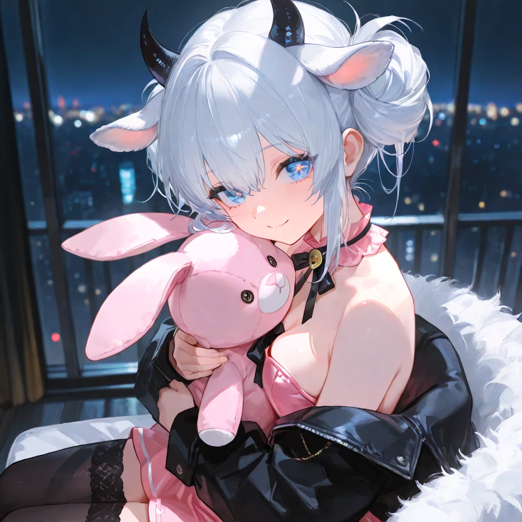 realisitic、top-quality、1girl in,White hair,Wavy Hair,Saliva,Heart shaped pupils , ,Cow print bikini, Lace PVC gloves ,all-fours