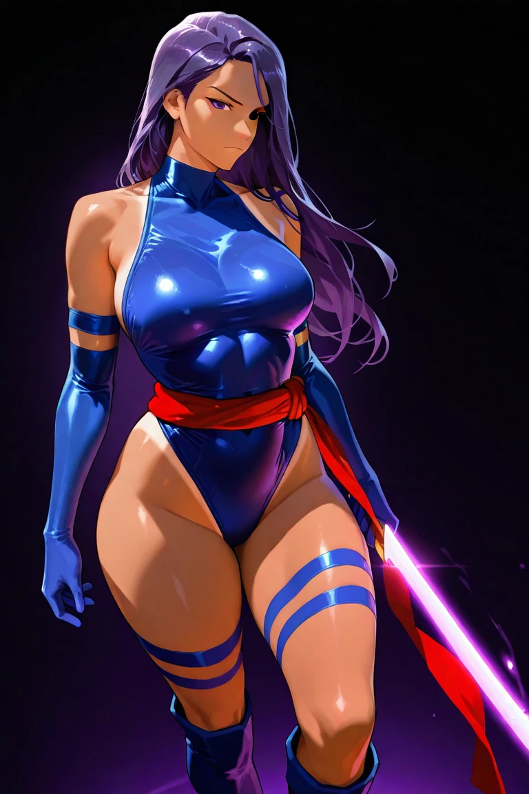 Photo portrait of psylocke, realistic round eyes, superheroine costume, (medium breasts:1.2), (thick thighs:1.2), full body, latex, heroine pose, psylocke