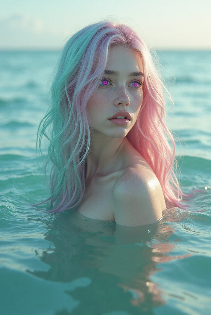 a closeup portrait of a beautiful girl, emerging from water, with flowing long hair, rainbow hair, freckles, detailed face, wet skin, nude, naked, amazing body, pronounced feminine feature, busty