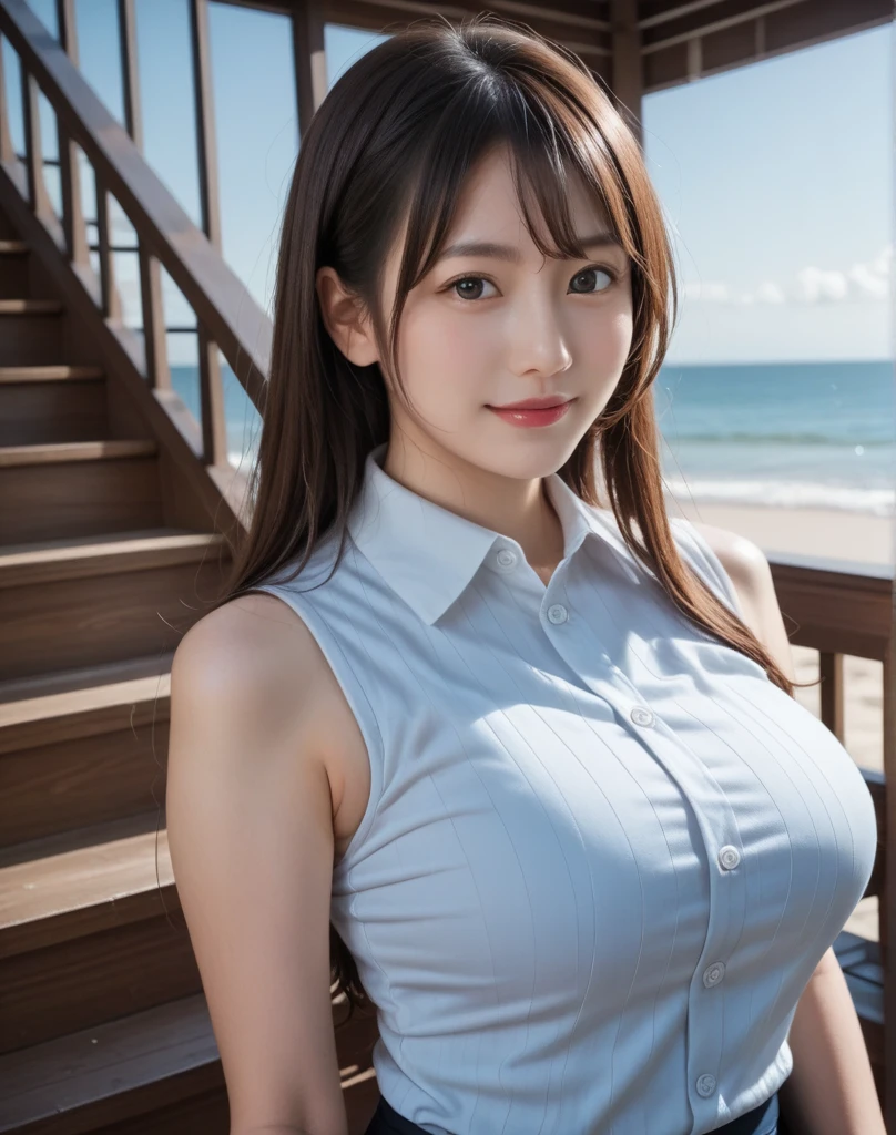 Soft Light, (((Long Hair:1.3), Short bangs, Floating Hair NovaFrogStyle)), ((ultimate beautiful wife)), 20th Generation, Detailed eyes, (Big eyes:1.3), Lip details, Very detailedな顔, Beautiful and detailed nose, Long eyelashes, ((Big and ample breasts)), Realistic face, Realistic body, Beautiful thighs, (Transparent tight T-shirt:1.3)、(Blue tight micro mini skirt:1.4)、The chest is wide open、You can see the whole body up to the toes.、stockings、(Sit cross-legged on a chair:1.3), With background:((Cafe with an ocean view, Kobe))、(RAW Photos, highest quality), (Realistic, Photorealistic:1.3), Very detailed, A light smile, Very detailed, High resolution