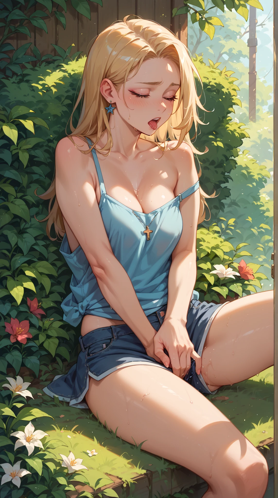 (masterpiece), (best quality), 1girl, (perfect face:1.2), (beautiful face:1.2), platinum blonde hair, happy, light smile, looking at viewer, pose,
Best Picture, Masterpiece, 4K, High Quality, One cool, mature woman.woman is on all fours in a grassy meadow. A large dog is holding her back. Silk underwear. A complete body. Perfect hands and legs. Beautiful body, beautiful legs. Beautiful hands. Perfect body, perfect legs. Perfect hands. Cowboy shot
Woman's sweaty, wet, scantily clad, visible breasts and erect nipples. Sweat is soaking through.
The woman blushes and smiles mischievously.
One cool, mature woman and one big dog. Tank top, hot pants.
(A very short skirt).