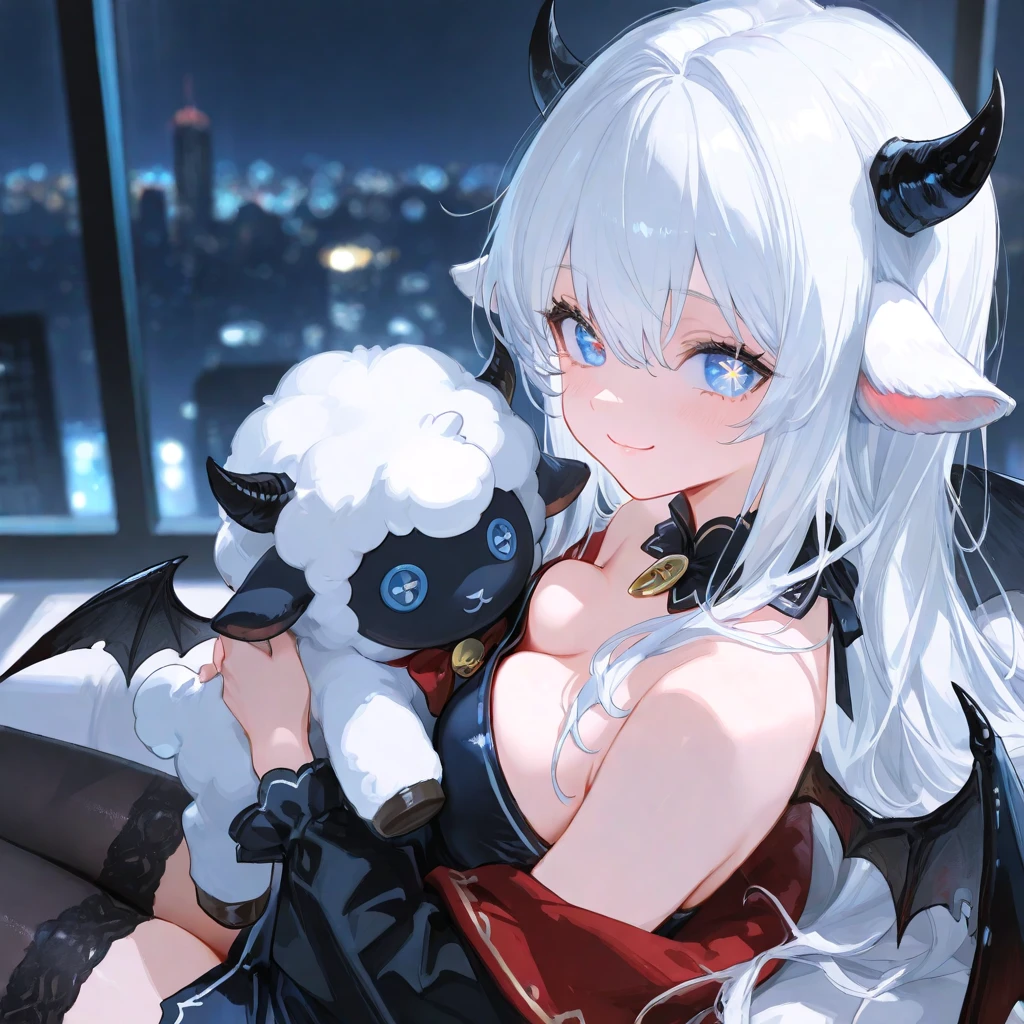 table top High level image quality best image quality 8K adult woman whole body portrait pure white long gloves(elbow gloves) white long dress(slit) white wolf ears short hair((shortcut)(gray hair)(perm)(fluffy)) eye color is blue attractive evil face((smile)( open your mouth))nightfall moon city sexy pose , sitting on big white red throne , crossed leg style, labrynth , view from below pov , face focus