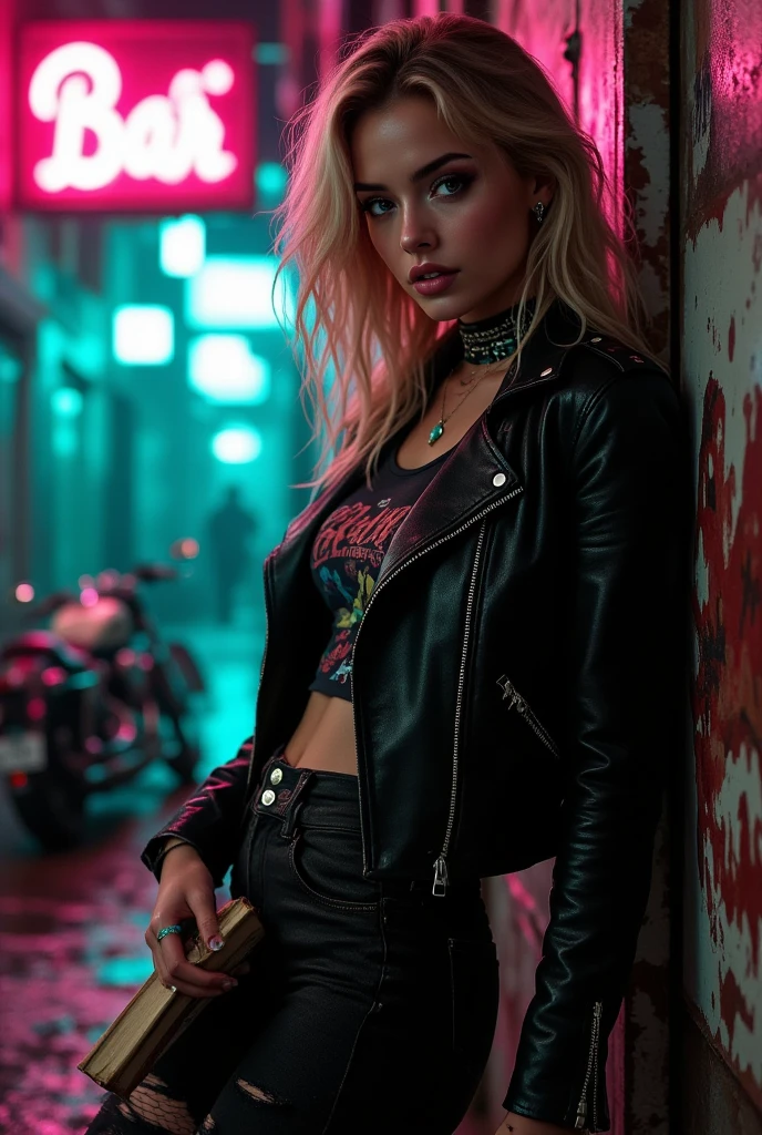 Woman with long light blonde hair and pink tips, grunge style half rocker, well designed mouth