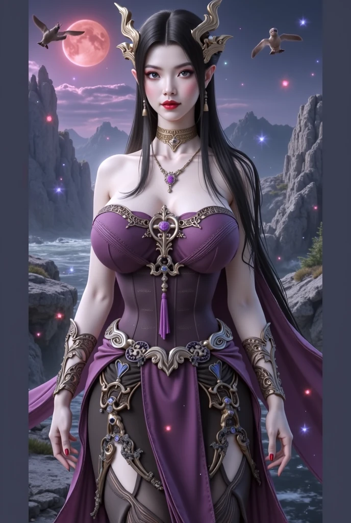 A beautiful woman, multiple beings,high resolution, highly detailed,Hecate, the Night,indigo, purple and black ,female, sweet, three quarter wiew,entire figure from head to toe, digital art