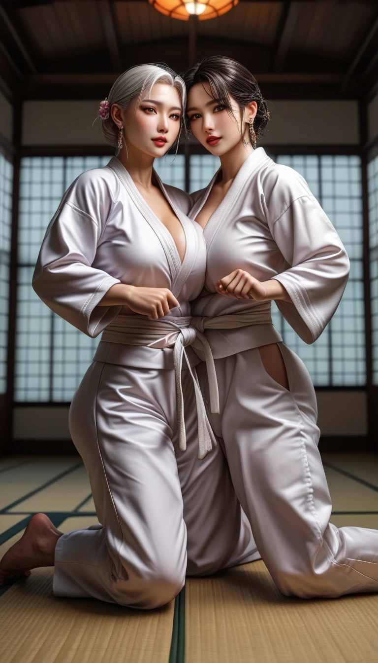 2 Female ninja wearing short kimono in fishnet with sexy bare feet and toes exposed with boob cleavage showing preparing to fight