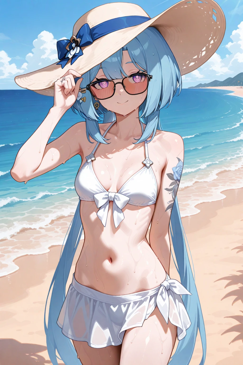 (Masterpiece) (High Detail) (High Res) A close up of A short little slim humanoid girl with pale human skin and blue eyes and long blue hair tied up in a long ponytail and blue dog ears and a fluffy blue dog tail and average breasts. She is sat on a tropical beach with palm trees and sand and blue seas. She is wearing a navy blue bikini top and navy blue bikini bottoms and a pair of sunglasses and a straw sunhat. She is looking over the glasses and is smirking with blushing cheeks.
