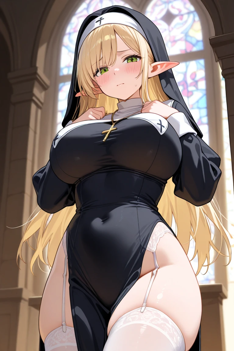 1 tall lovestruck nun. long Blonde hair. busty. praying. hearts. heart eyes.