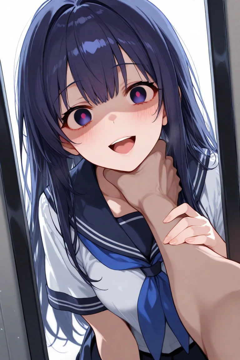 Cheerleader, half naked, clothes on floor, kissing while giving handjob, seductive smile , red eyes, in classroom, mind control