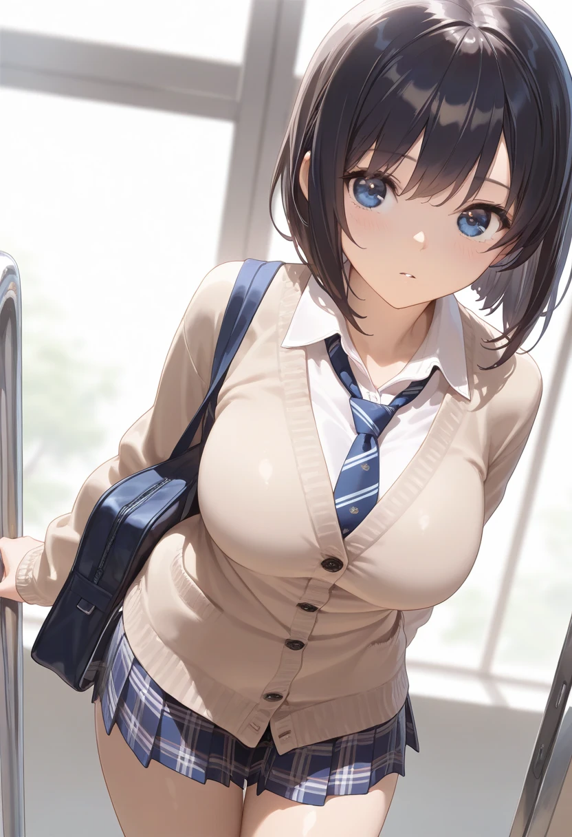 ((top-quality、8K、​masterpiece:1.3))、女の子1人、2 arms、accurate and beautiful hands、a train with many people on it、Slender Abs、hyperdetailed face、A detailed eye、二重まぶた、very Bigger breasts、large full breasts、Colossal tits、Neat and clean schoolgirl、short-hair、Straight bob hair、Shorthair with bangs、A smile、Schoolgirl Uniform、Female genitalia visible from skirt、An 18-year-old woman、Sheer white shirt、Unbutton and unfold the shirt、Exposing breasts、Navy blue ribbon at the collar、Dark Blue Pleated Micro Mini Skirt、He carried a dark blue school bag over his shoulder................、Peek at the viewer、graphics beautiful、On the train、There are a lot of people、Show me your whole body、From head to toe、beautiful daruma pictures、 Standing、No bra、teats see through、You can see the shape of your nipples even through your shirt................、No panties、No panties、No panties、Detailed female genitalia shape pantyhose is missing、(Facing the front)(((Blushing cheeks、embarassed expression)),(((Pull up the skirt with your right hand)))、Showing female genitalia、Background depth of field、On the train、((A man in a suit standing behind))、(((molesting)))、((A man rubs my chest from behind))、(((Being touched by a man)))、Please choose one&#39;skirt in the crowd、Found in many men、Eyes are hearts、trembling with excitement、White breath、Panties on the thighs、Shaved