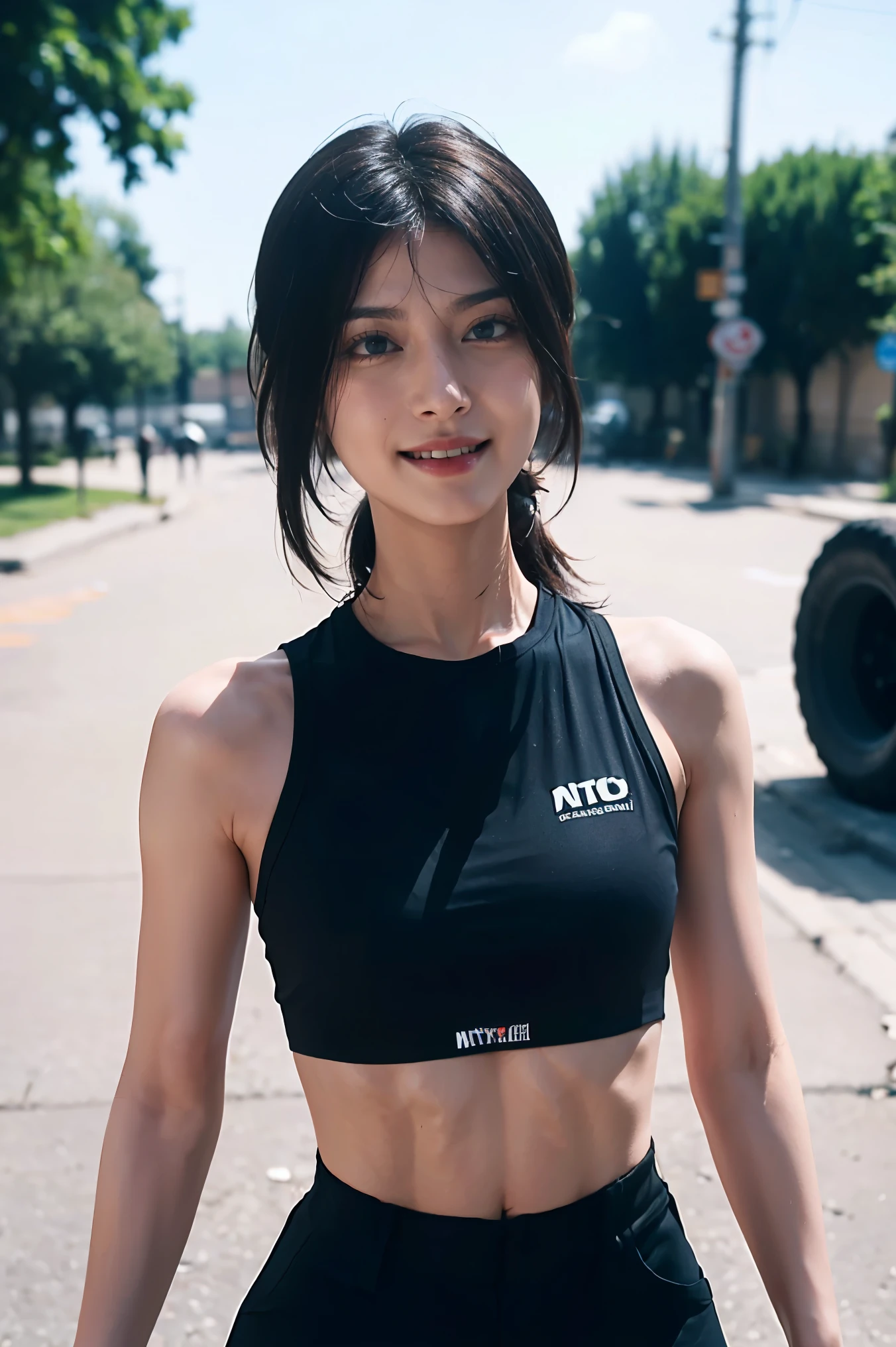 (masterpiece),best quality,amazing quality,beautiful face, ((perfect assets)), (masterpiece highlights luceat), best quality, expressive eyes, perfect face, reze, short hair, black hair, abs, Kazakhstan girl, knife holster, leggings training track long pants, simple bra, martial arts, training, sweaty, tire, standing, shoes, legs, navel, reze, stripes leggings, training, reze, black hair, green eyes, America suburbs background, cowboy shot perspective, black T-shirt, smiling, ((face lips close-up)), one stripe leggings, ((boku no hero live action vibe)), (((background explosions, explosive, nitroglycerin bombs))), afternoon