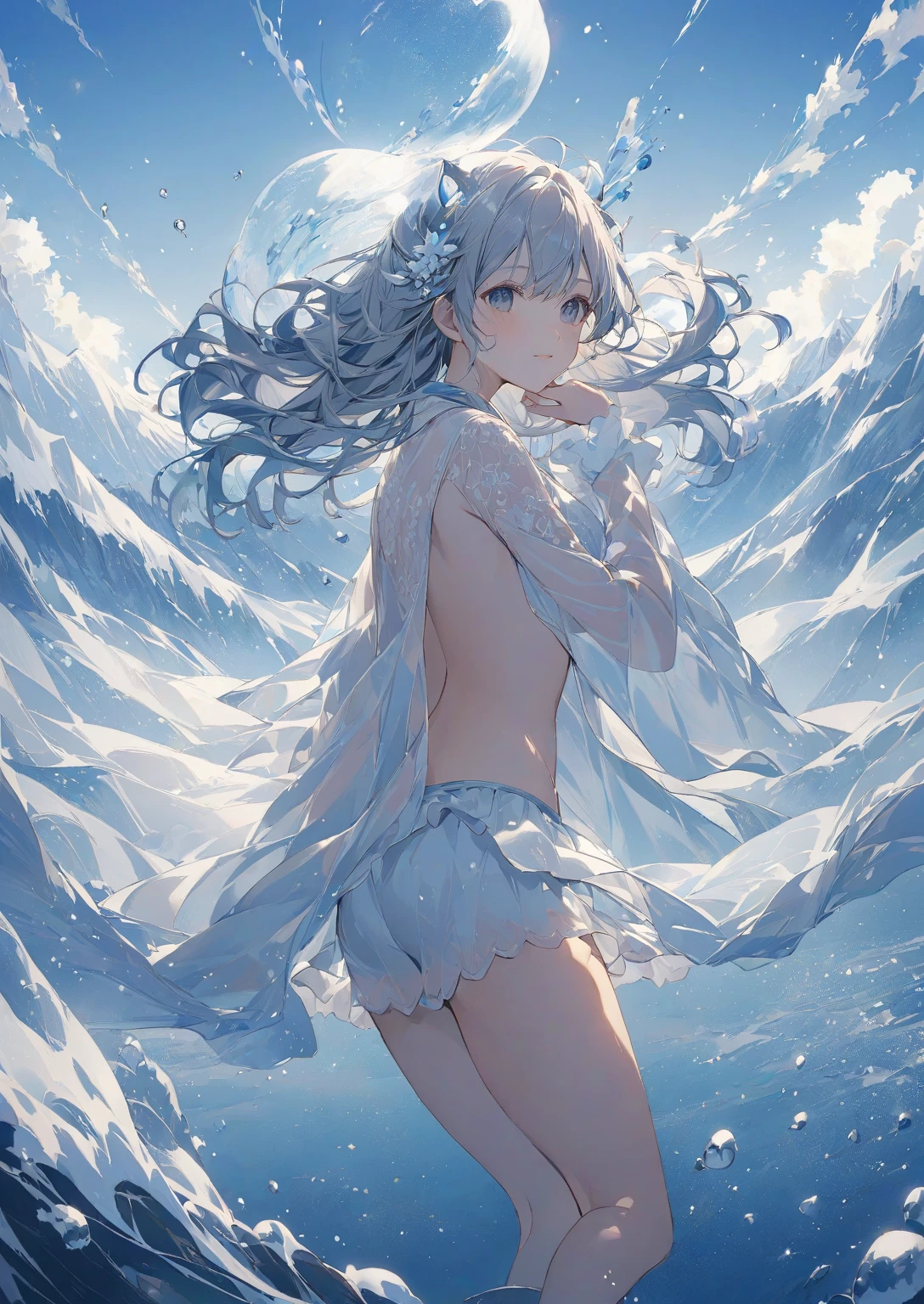 masterpiece, (Highest quality: 1.2), (Super Fine: 1.2), figure, (Very delicate and beautiful: 1.2), Film Angle, floating, (Beautiful detailing: 1.1), (Detail Light: 1.1), Film Light, Delicate Sky, woman, Gray Hair, blue eyes, (High Ponytail: 1.1), Cape, Glowing Eyes, (moon: 1.2), (moonlight: 1.1), Starry Sky, (Particles of light: 1.1), fog , Snow Painting, sketch, flowering
