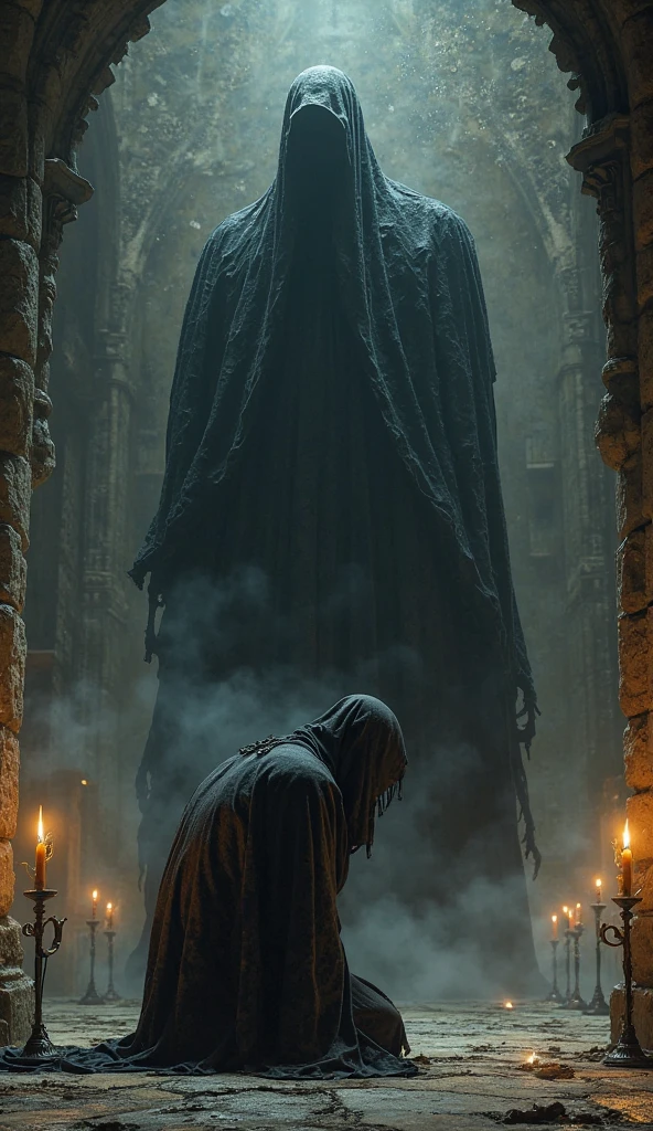 Craft a surreal, distorted dreamscape where reality warps, with floating doors leading to unknown terrors in a labyrinth of darkness, woman with black veil, goat skull in hands 
