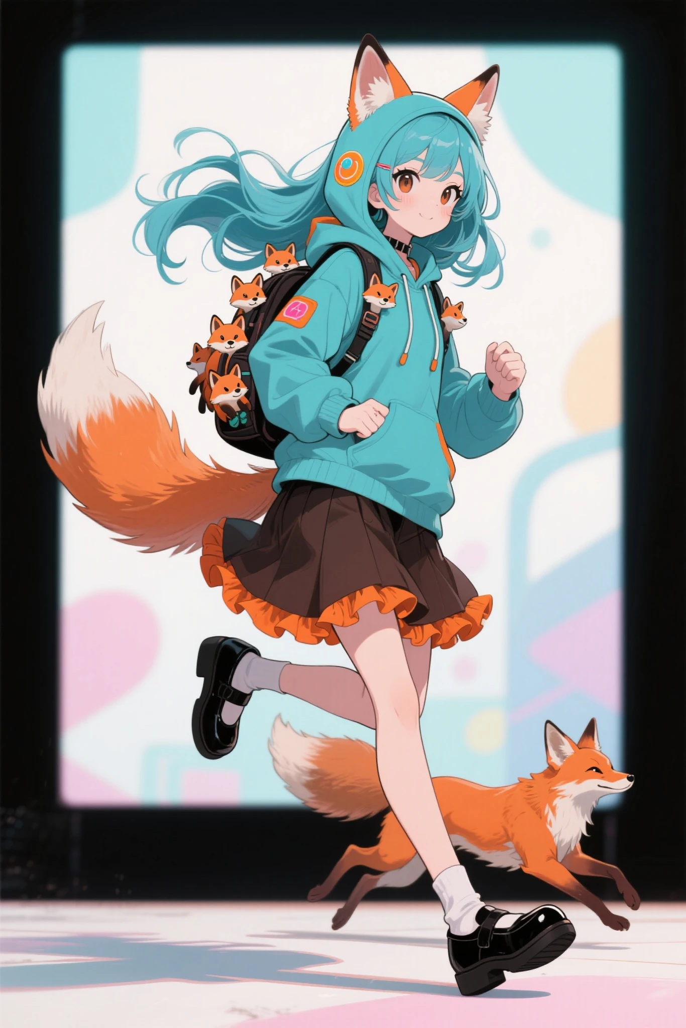 This girl's character is depicted in playful, dynamic poses, Kicking movement,Brown Braided Hair ,has a slightly open mouth, squirrel tail,I'm wearing a squirrel striped hoodie with squirrel ears,Layered dress with purple skirt and orange ruffles,wearing black loafers,has a small backpack,A few squirrels are running beside her,The background has an overall abstract atmosphere in soft pastel colors,complements her vivid taste,animeキャラクター,portrayed in strong composition on a large screen, anime, production animeーションセル, candy-punk character design,   production art