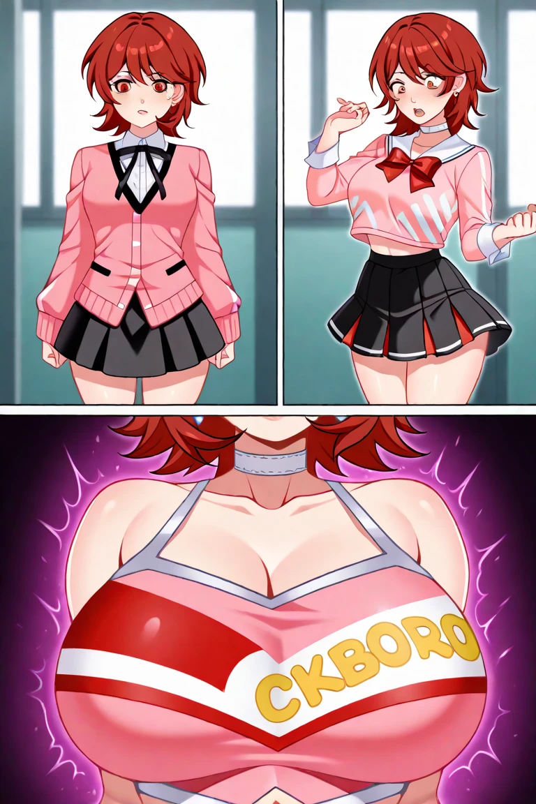 girl loli, short red hair, freckles, school uniform, big tits, big tits, school,, sweat, excited face, heart eyes,